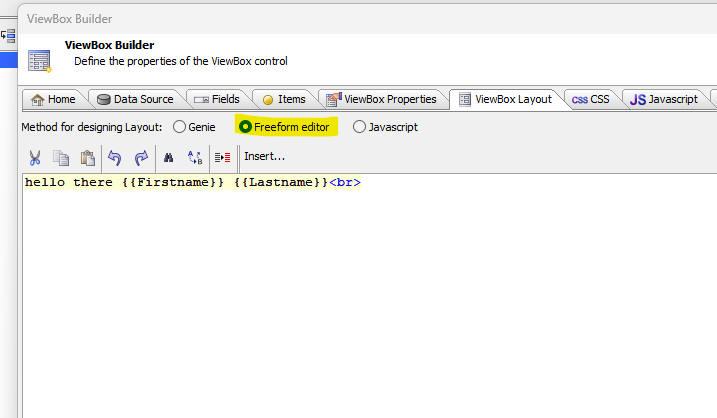 Defining a template using Mustache syntax in the Freeform editor.